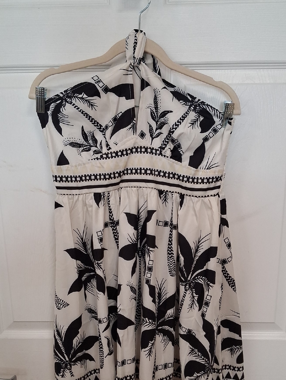 Strapless Black & White Palm Print Mini Dress